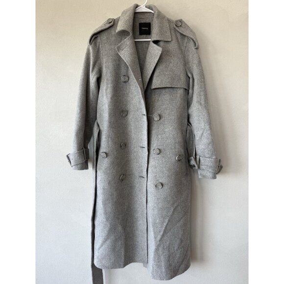 $899 Theory Coat Womens Small S Gray Wool Cashmere Long Overcoat Pockets Trench - Picture 5 of 8